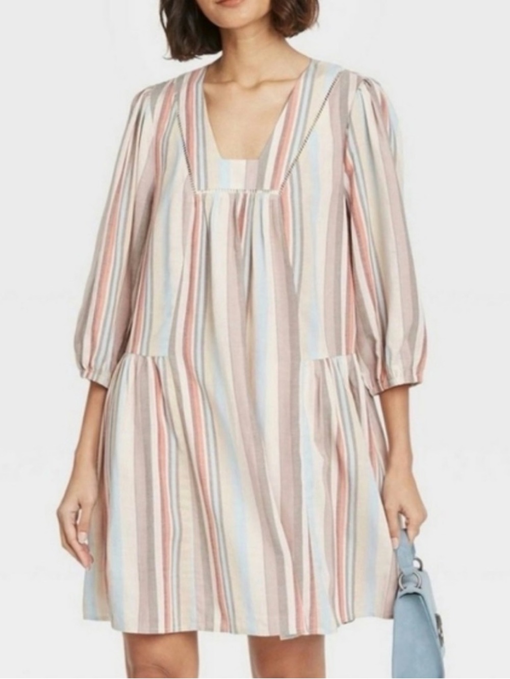 Knox Rose Linen Blend Boho Dress Flowy Striped Size Large Puff Sleeve